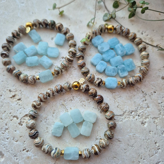 BEROLIGENDE LYKKE armbånd Tibetan Agate, Aquamarine - bergamott DESIGN