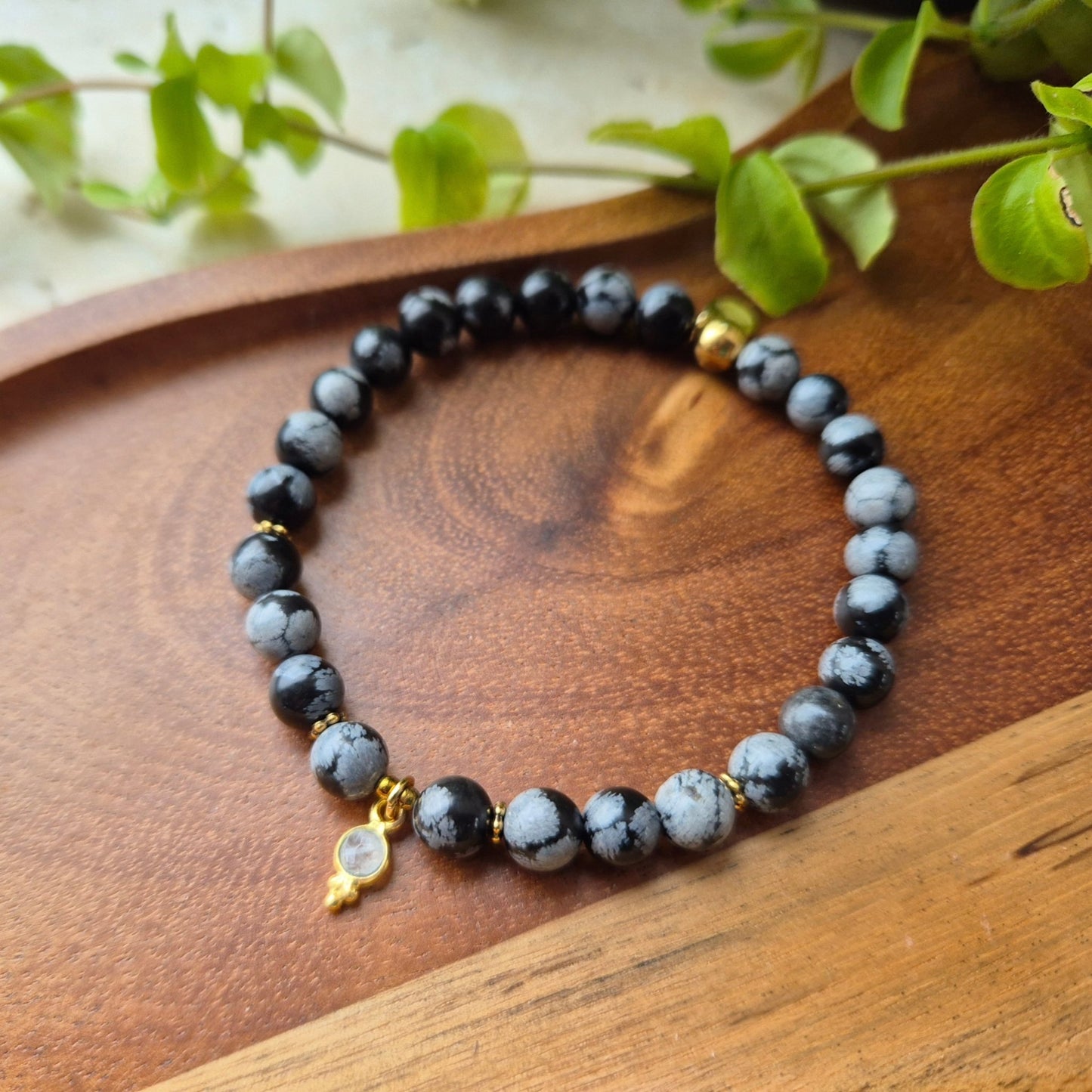 TILSTEDEVÆRELSE armbånd Snowflake Obsidian, Moonstone - bergamott DESIGN