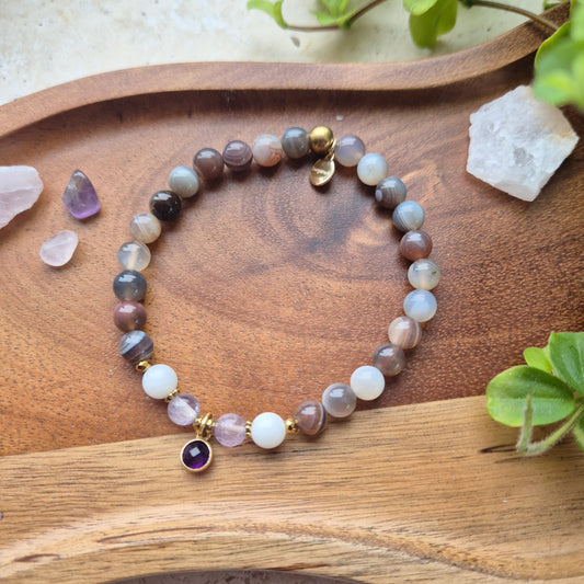 SPIRITUELL OPPLYSTHET armbånd Botswana Agate, Amethyst, Moonstone