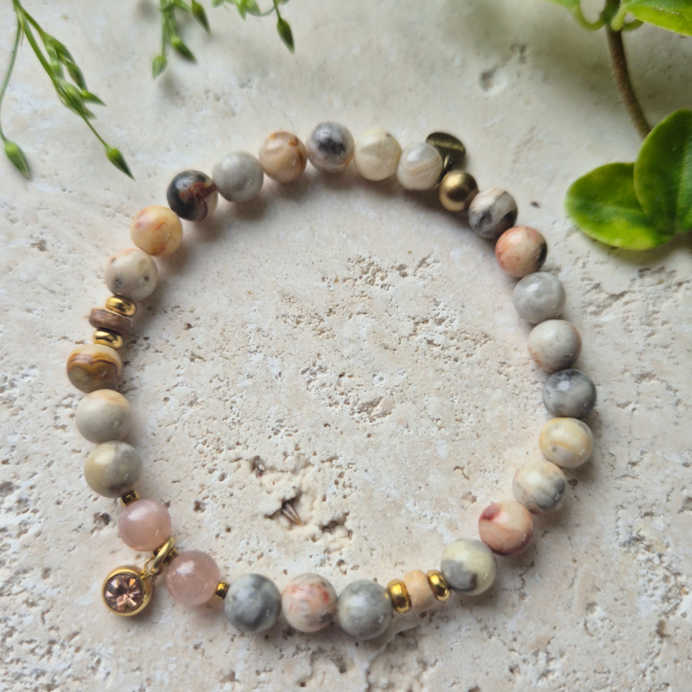 OPTIMISTISK GLEDE armbånd Crazy Lace Agate, Sunstone