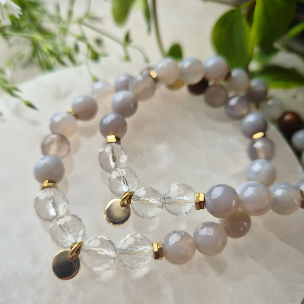 KLARE TANKER armbånd Grey Agate, Clear Quartz