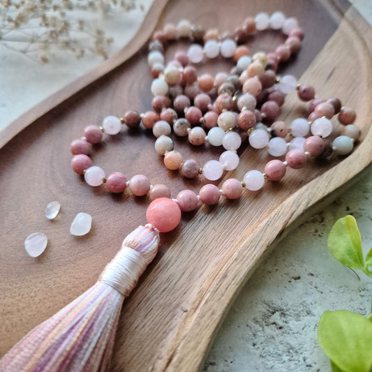 MIN KJÆRLIGHET mala Plum Blossom Jasper, Rose Quartz, Rhodonite, Cherry Quartz