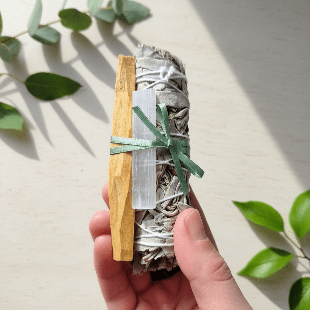 NY START BASIS rensesett m/ Hvit Salvie, Palo Santo, Selenite stav Smudging - bergamott DESIGN