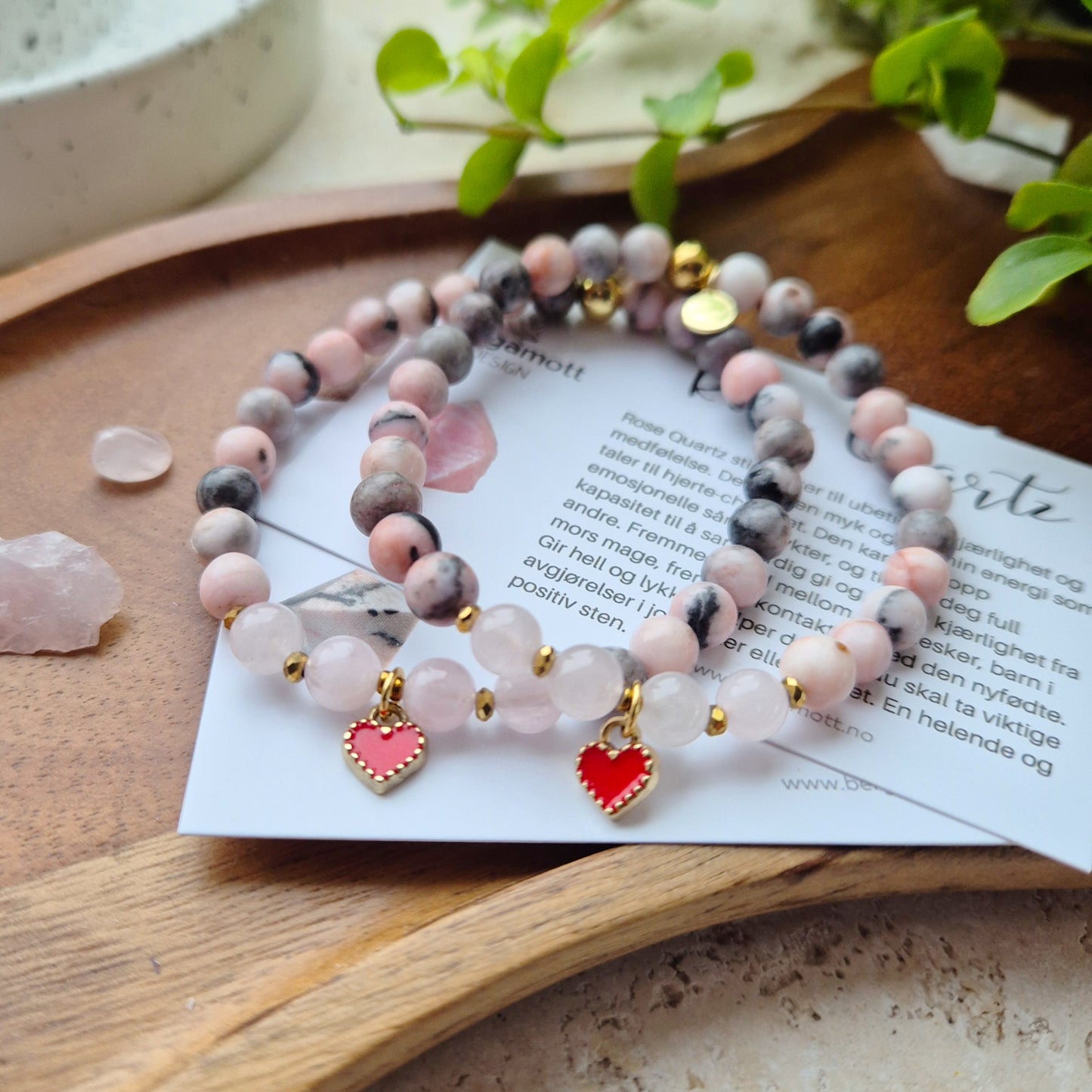 FEMININ KJÆRLIGHET armbånd Pink Zebra Jasper, Rose Quartz