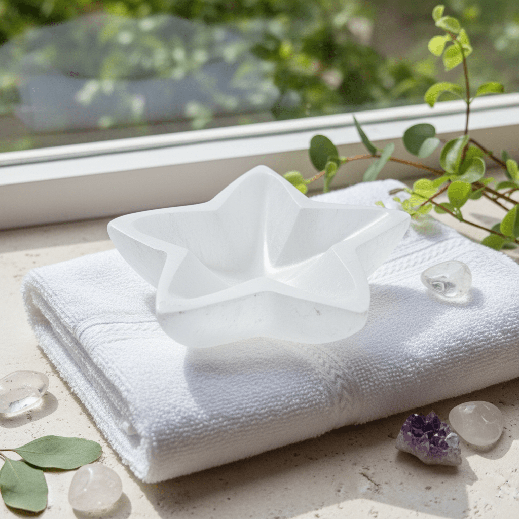 SELENITE STJERNE SKÅL 10cm - bergamott DESIGN