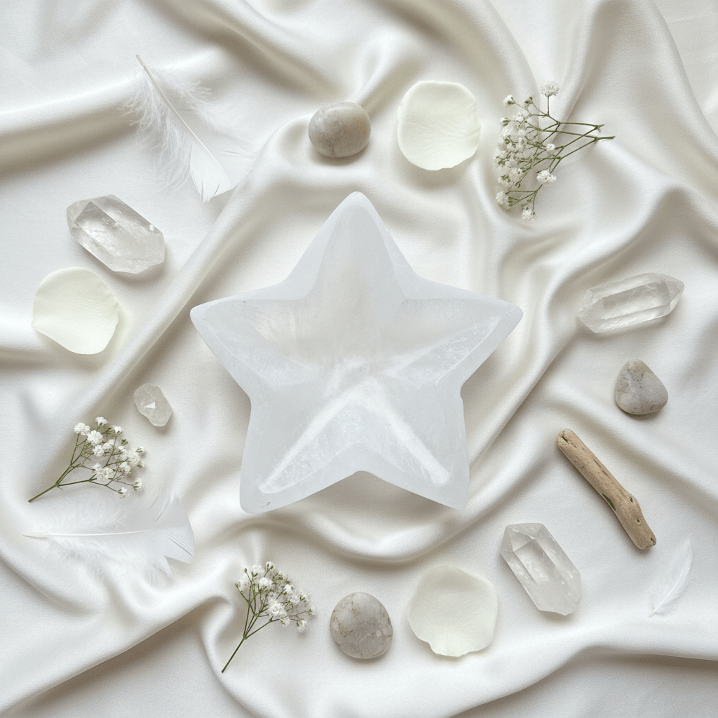 SELENITE STJERNE SKÅL 10cm - bergamott DESIGN