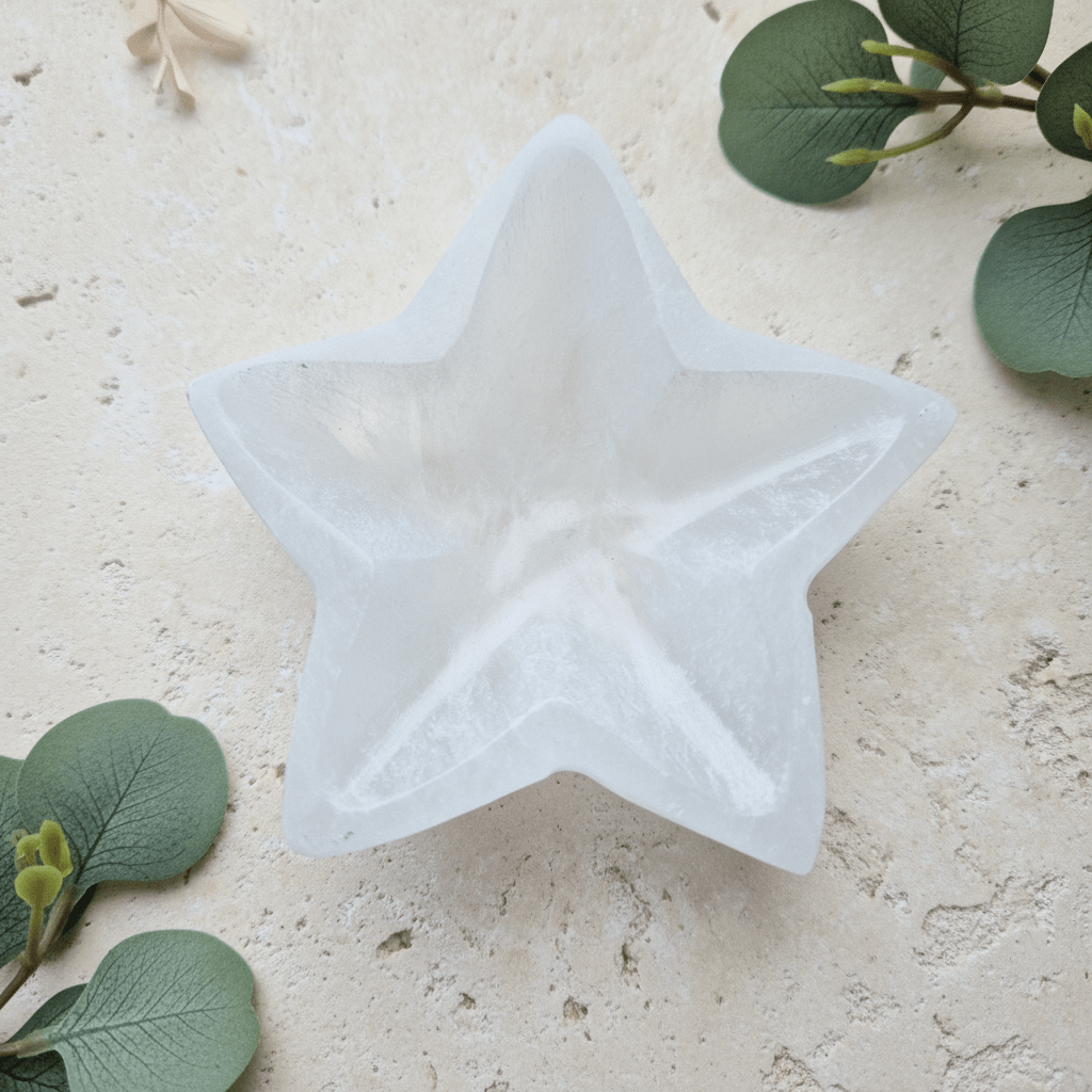 SELENITE STJERNE SKÅL 10cm - bergamott DESIGN